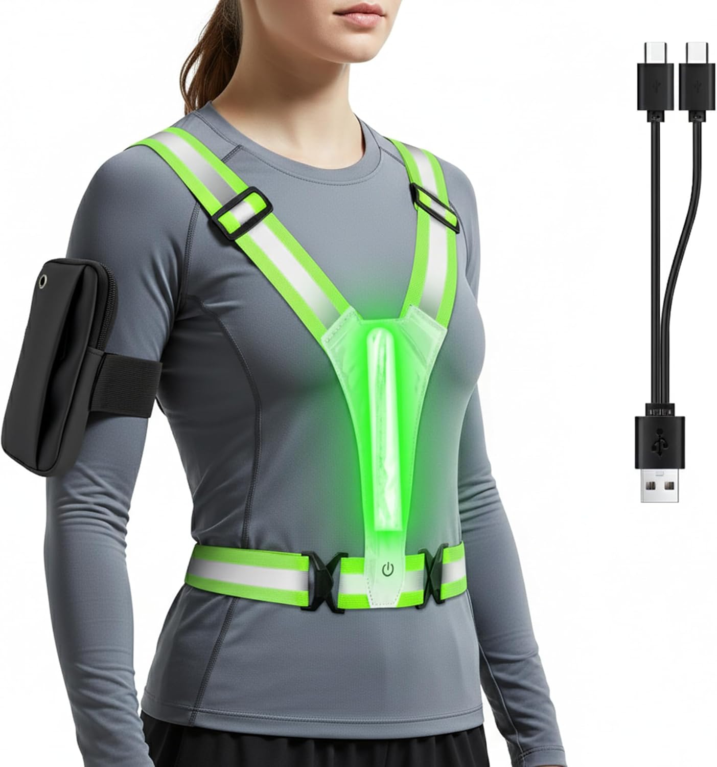 WATSABRO LED Reflektoren Laufweste mit Sport Handytasche,Verstellbarer Warnweste Fahrrad, USB Aufladbar Reflektoren Laufweste für Radfahren oder Wandern Joggen Laufen Running