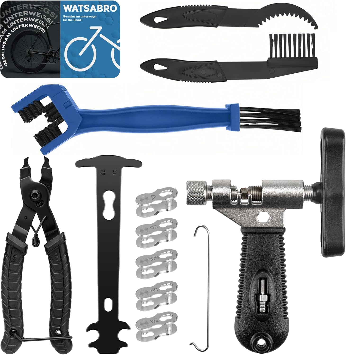 WATSABRO Kettennieter Fahrrad mit Fahrrad Reinigungsbürste, Kettenschloss Zange, Kettenzange und 5 Paar Fahrradketten Nieten,Fahrradkette Werkzeug Set für 6-12 Fach